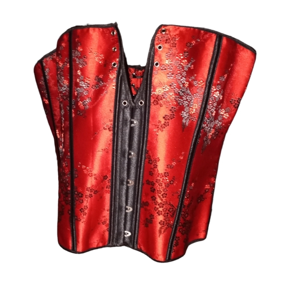 Gothic Steampunk red and black floral satin brocade overbust corset
